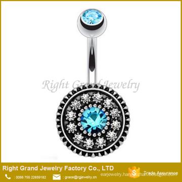 316L Surgical Steel Vintage Shield Aqua Gem Belly Button Ring Jewelry